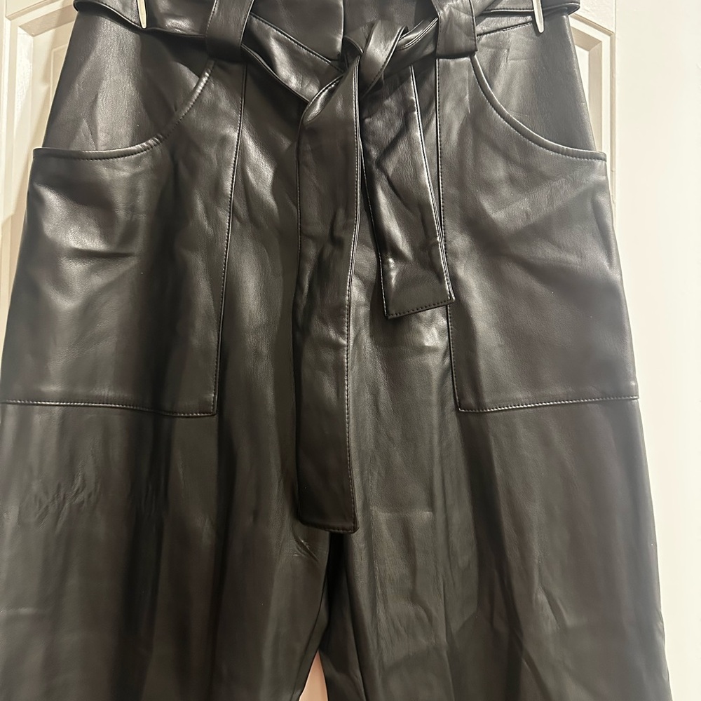 High waisted faux leather belted ankle pants